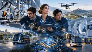 Ingénieurs travaillant sur des systèmes de Physical AI et d'IA embarquée dans l'industrie, la robotique, la mobilité et la santé
