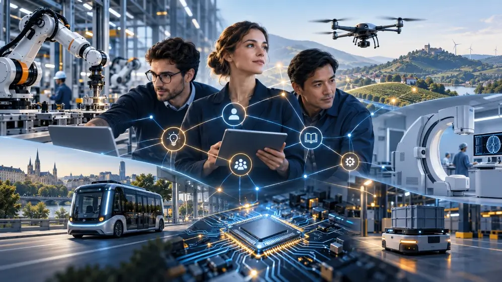 Ingénieurs travaillant sur des systèmes de Physical AI et d'IA embarquée dans l'industrie, la robotique, la mobilité et la santé