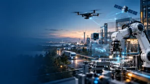 Convergence entre IA, systèmes embarqués et monde industriel : bras robotisé, drone, caméra embarquée et satellite connectés au-dessus d’un site industriel