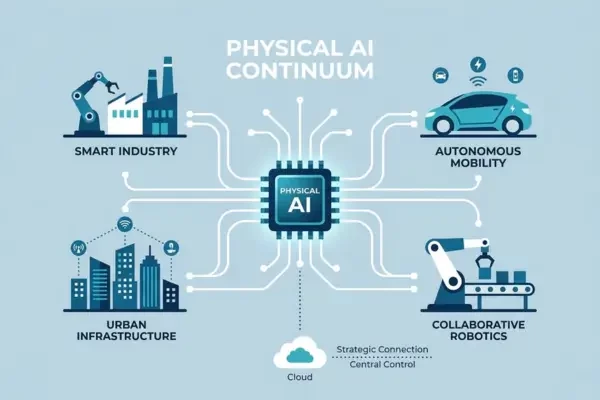 Quantyss Physical AI architecture infographic showing the computing continuum between smart industry, autonomous mobility, and urban infrastructure.